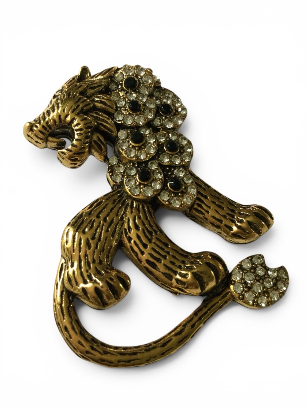 Fierce Gold‑Tone Lion Brooch • Rhinestone Mane • Statement Pin - Picture 4 of 10